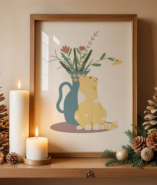 Ilustración de un gato sentado junto a un jarrón floral