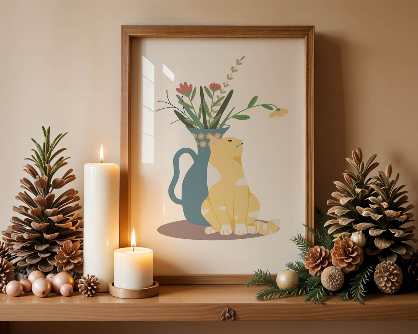 Illustration of a cat sitting beside a floral vase