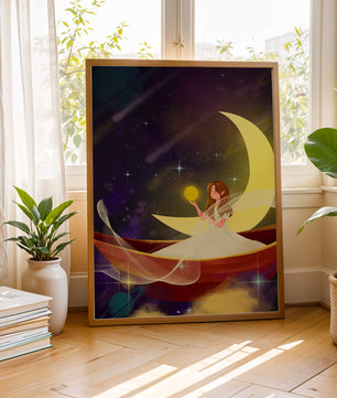 Enchanted night scene with a fairy on a crescent moon