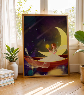Enchanted night scene with a fairy on a crescent moon