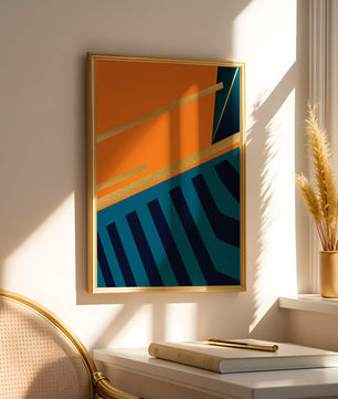 Moderne geometrische Abstraktion mit goldenen Elementen und kräftigen Farben 