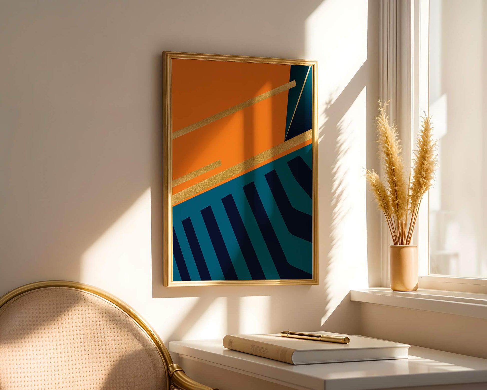 Moderne geometrische Abstraktion mit goldenen Elementen und kräftigen Farben 