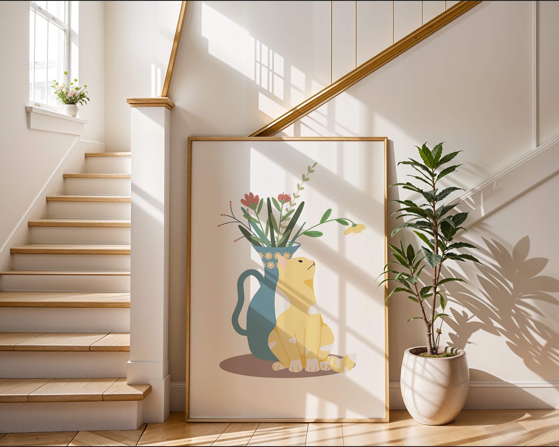 Illustration of a cat sitting beside a floral vase
