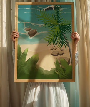 Serene tropical beach scene with lush greenery and calm waves
