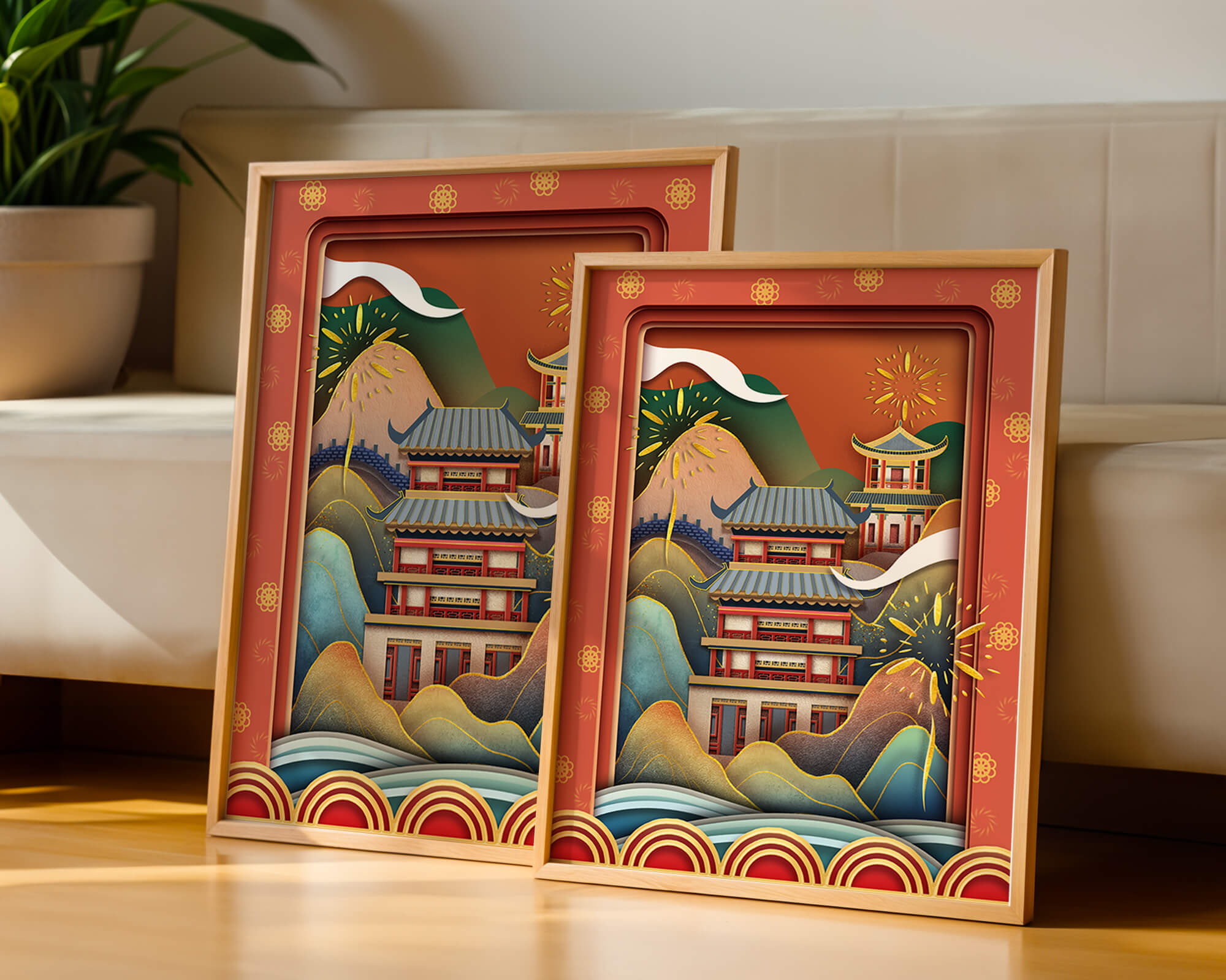 Traditional Asian architecture with fireworks and vibrant mountains