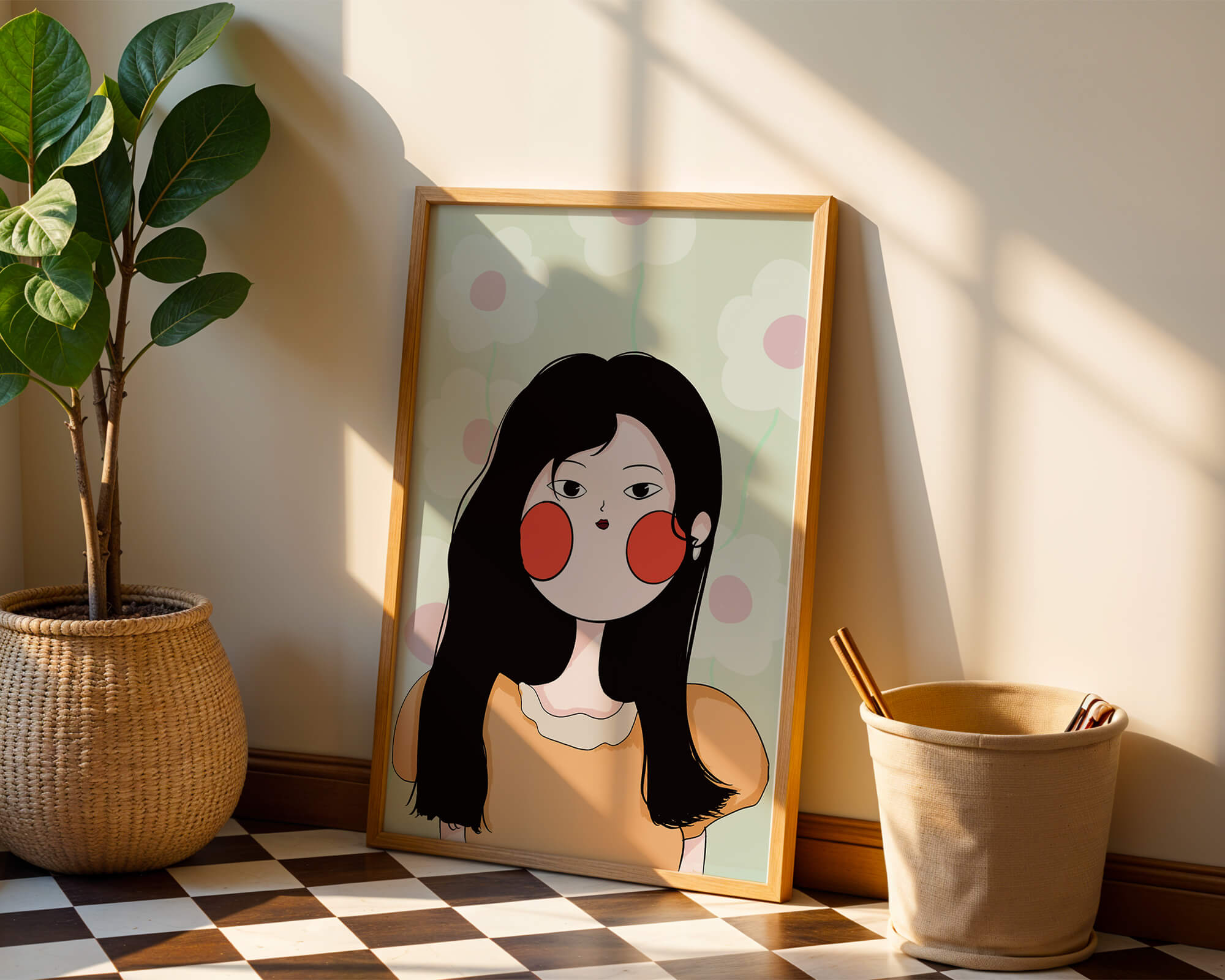 Charming illustration of a young woman with floral background
