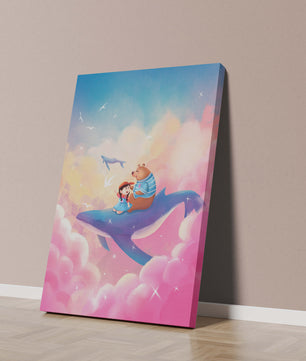 Fantasy illustration of girl and bear riding a whale through colorful clouds
