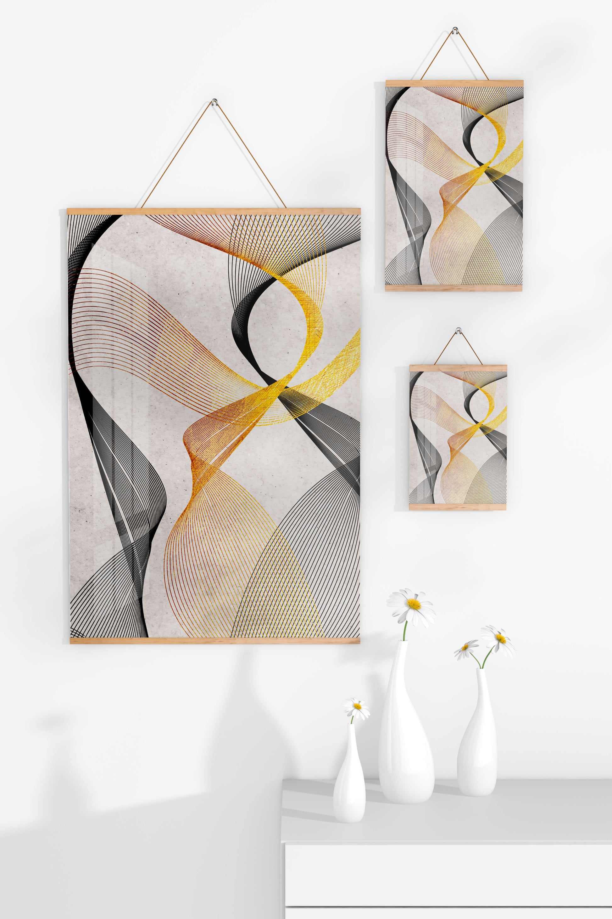 Elegant abstract waves with gold and black lines on textured background