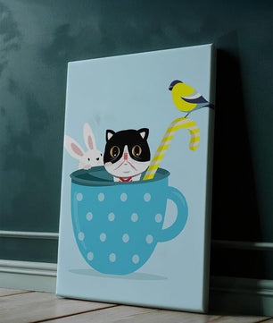 Playful illustration of cat, rabbit, and bird in a teacup