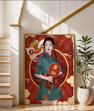 Elegant woman in traditional attire with lion dance mask in vibrant background