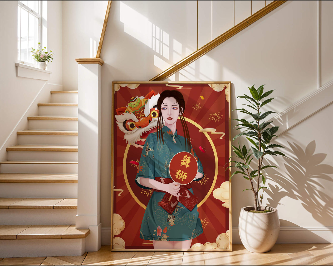 Elegant woman in traditional attire with lion dance mask in vibrant background
