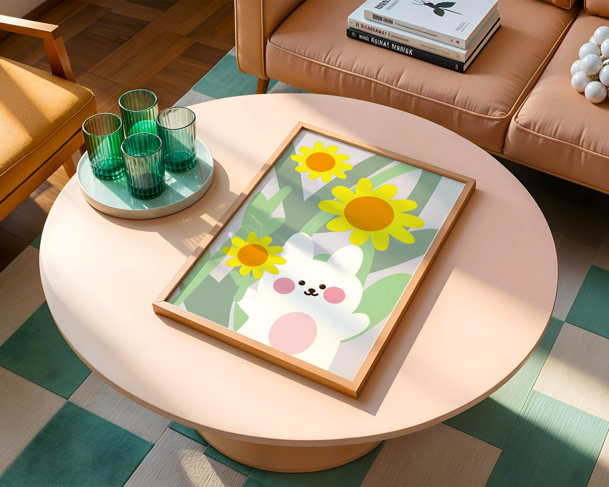 Adorable bunny with vibrant flowers cartoon illustration