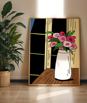 Abstract illustration of flowers in a vase on a wooden table