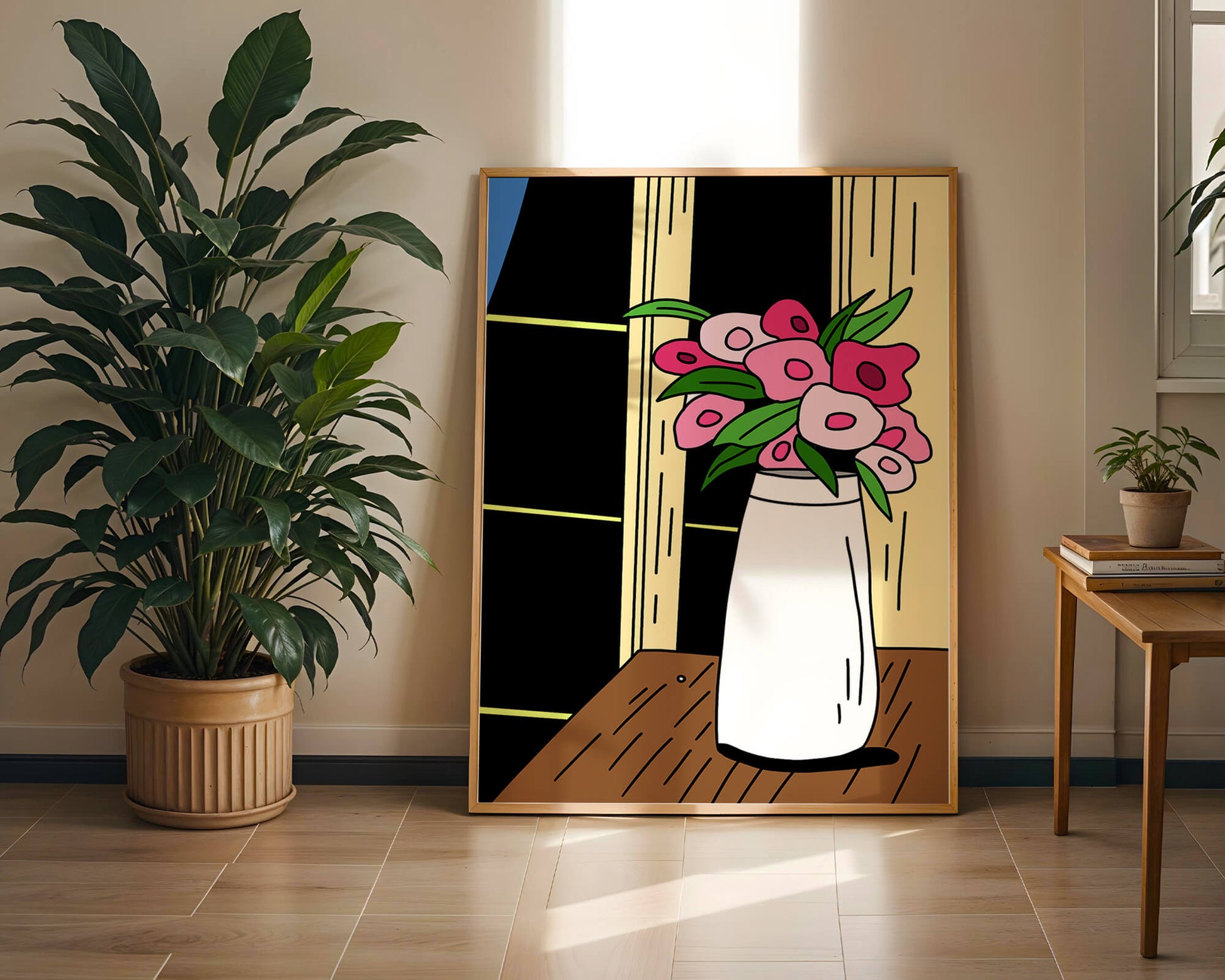 Abstract illustration of flowers in a vase on a wooden table