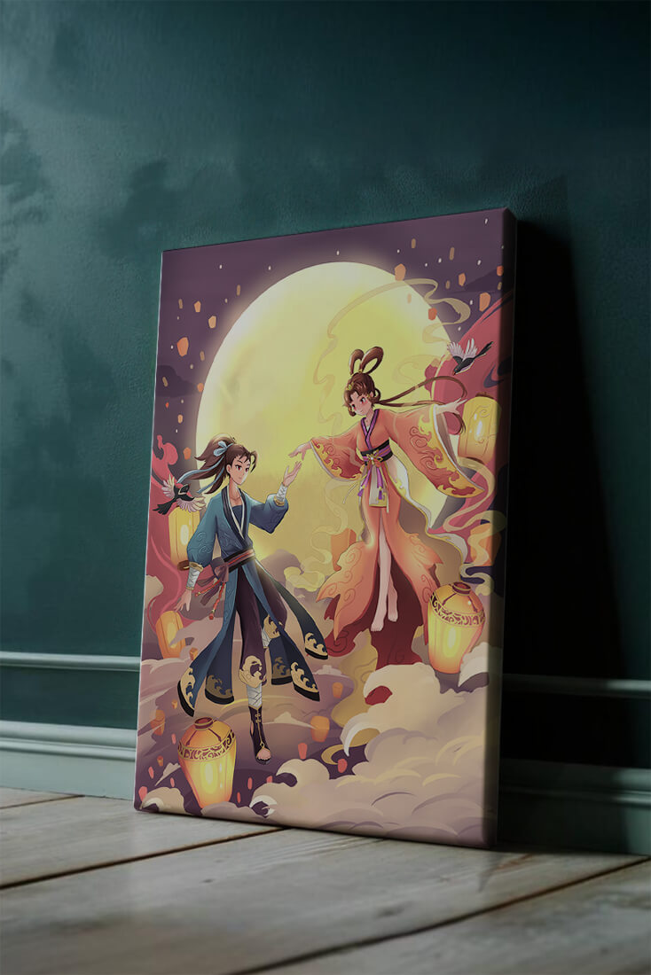 Elegant moonlit fantasy scene with traditional attire