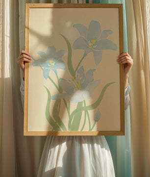 Ilustración elegante de flores azul claro con tallos verdes