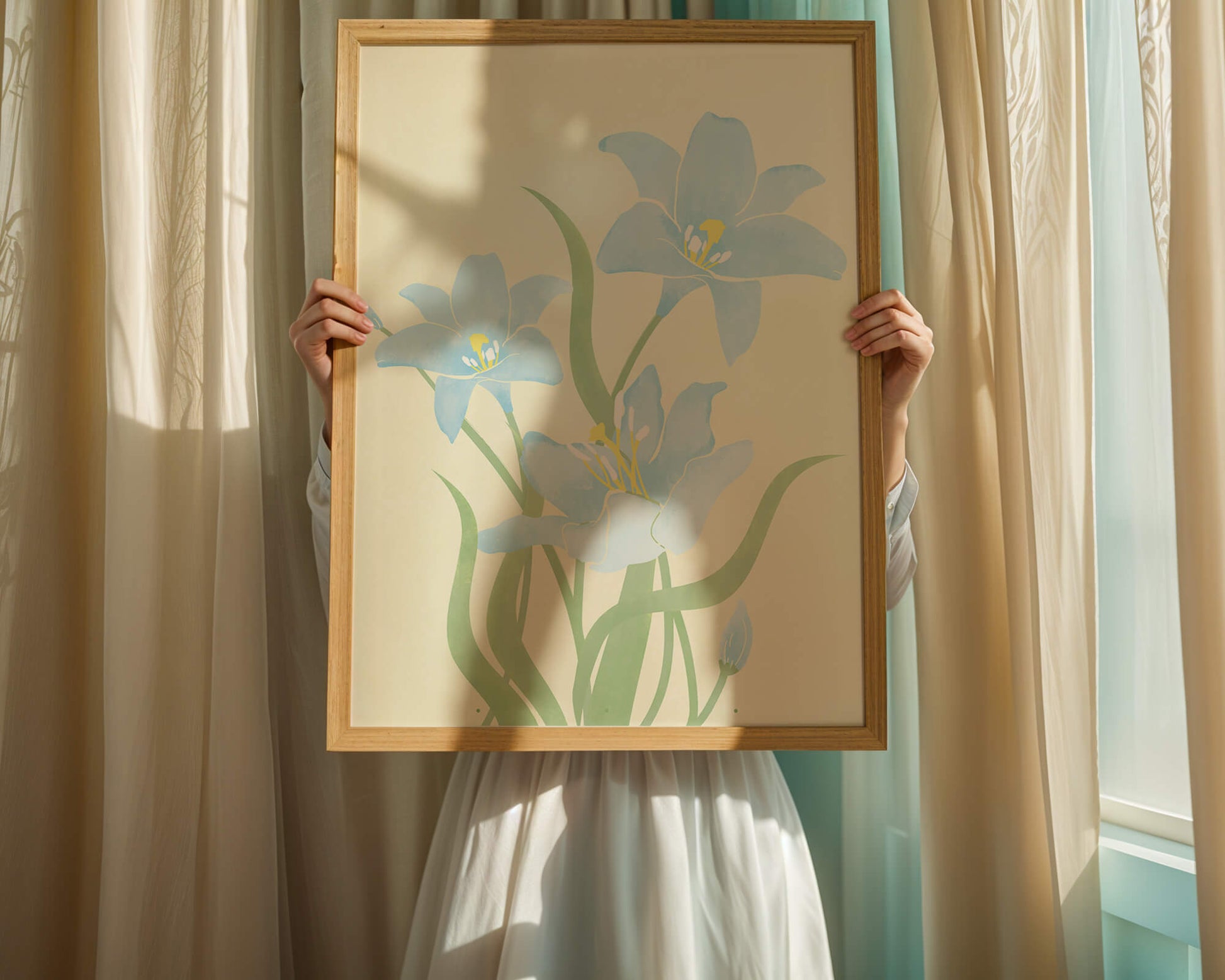 Ilustración elegante de flores azul claro con tallos verdes