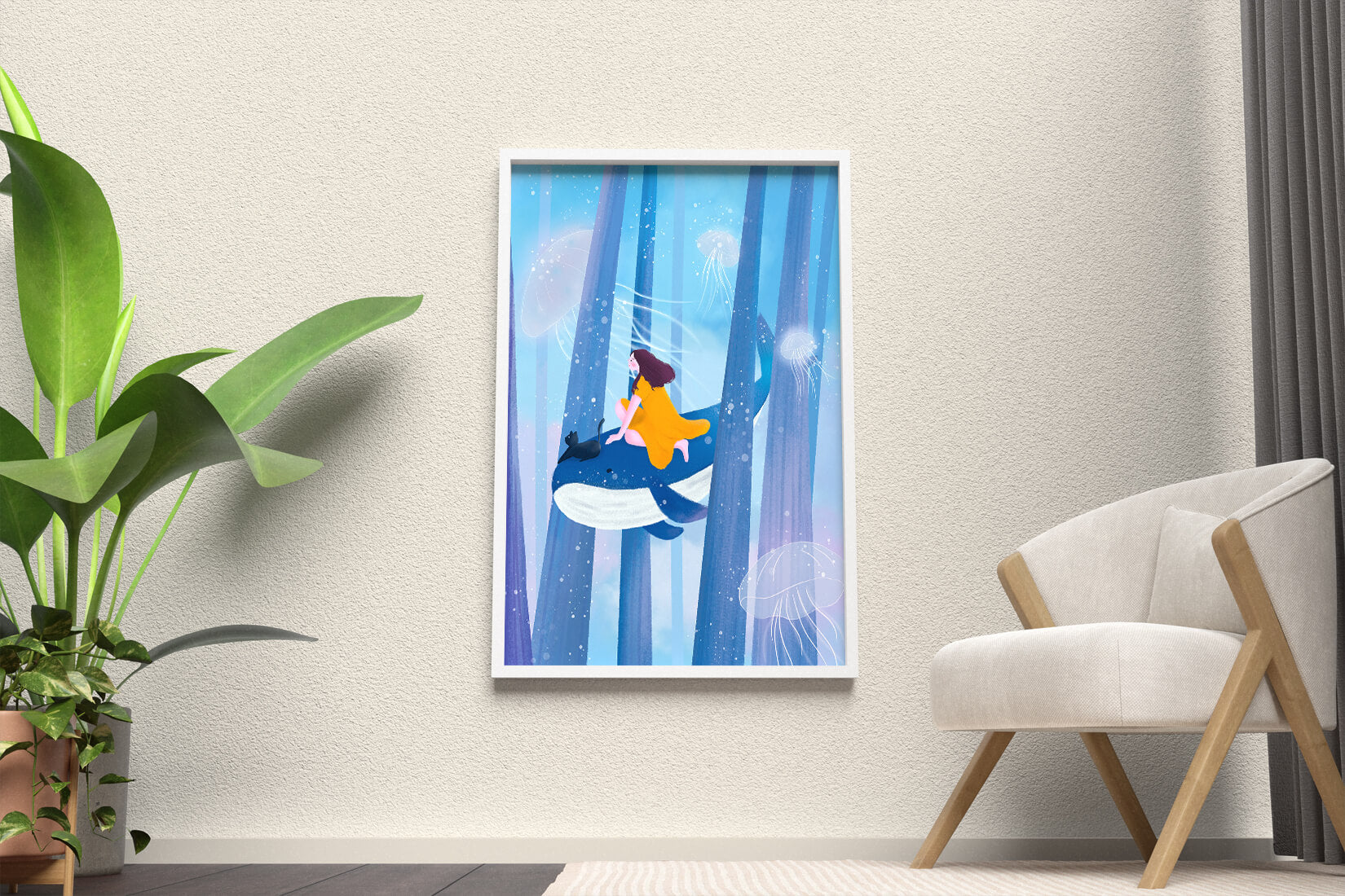 Dreamlike scene with girl, cat, and whale in an ethereal ocean