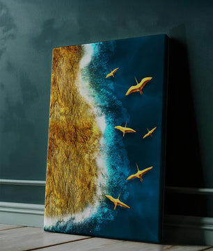 Golden beach landscape with vibrant ocean and flying seabirds