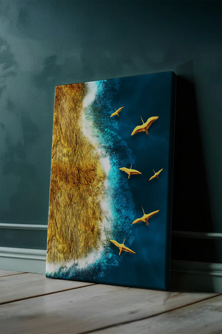 Golden beach landscape with vibrant ocean and flying seabirds