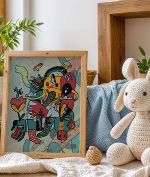 Colorful Abstract Surrealism Art with Intricate Details and Playful Characters