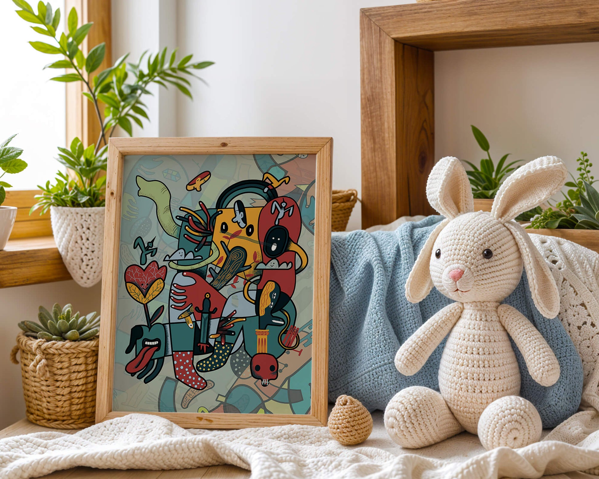 Colorful Abstract Surrealism Art with Intricate Details and Playful Characters