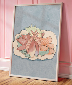 Illustration of seafood platter with shrimp and salmon on a decorative plate