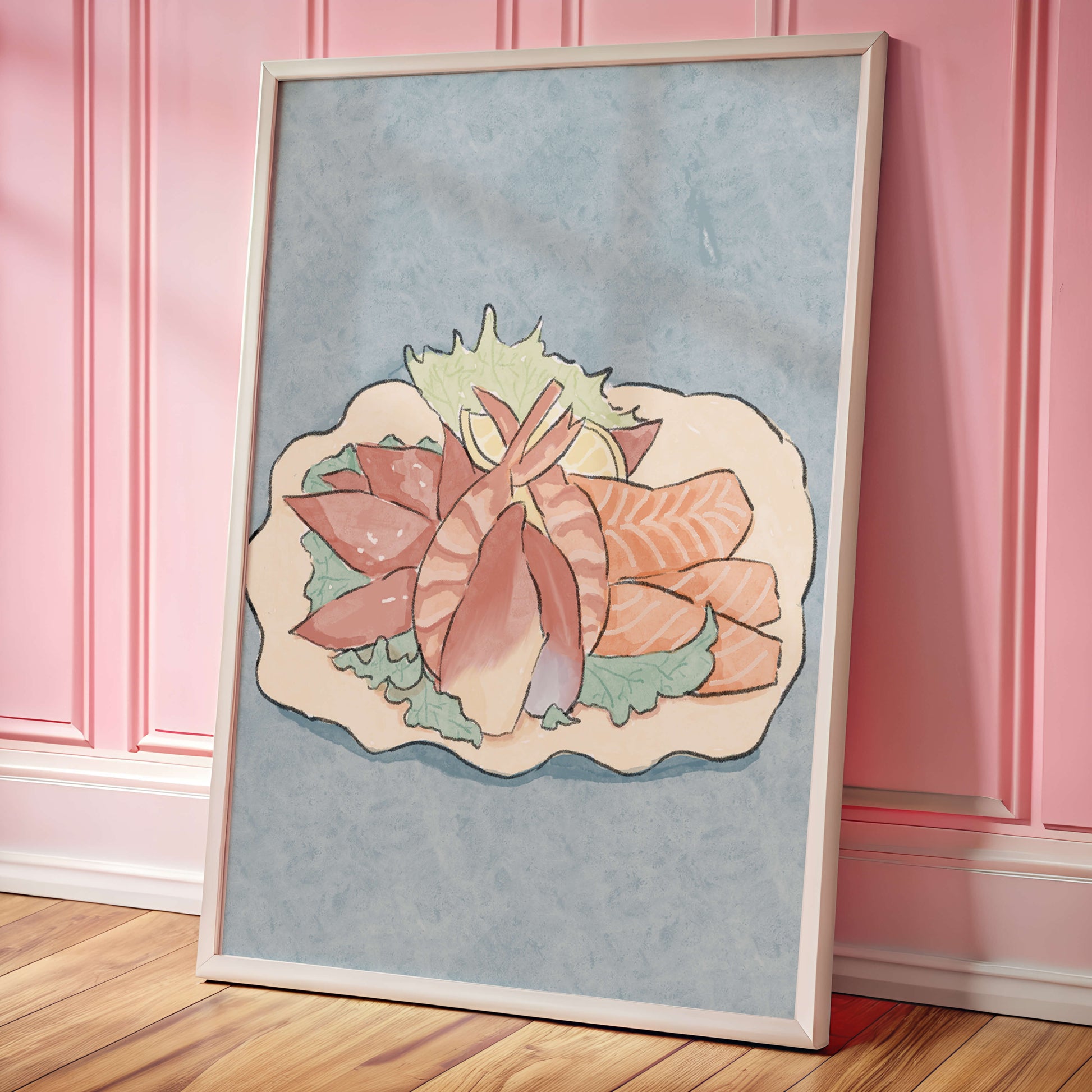 Illustration of seafood platter with shrimp and salmon on a decorative plate