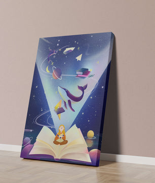 Imaginative galaxy scene with books and a child