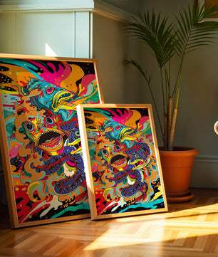 Arte abstracto de peces coloridos con elementos vibrantes