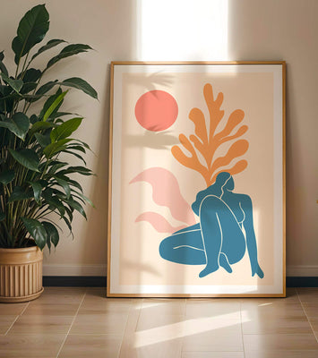 Abstract Nude Figure in Minimalist Design with Botanical Elements