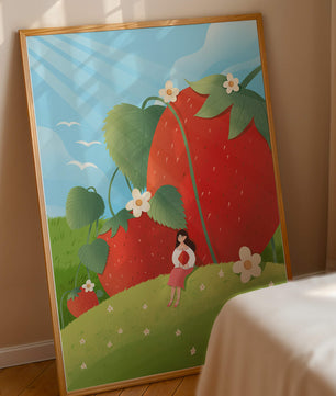 Paysage serein avec d'énormes fraises et une femme dans une prairie en fleurs