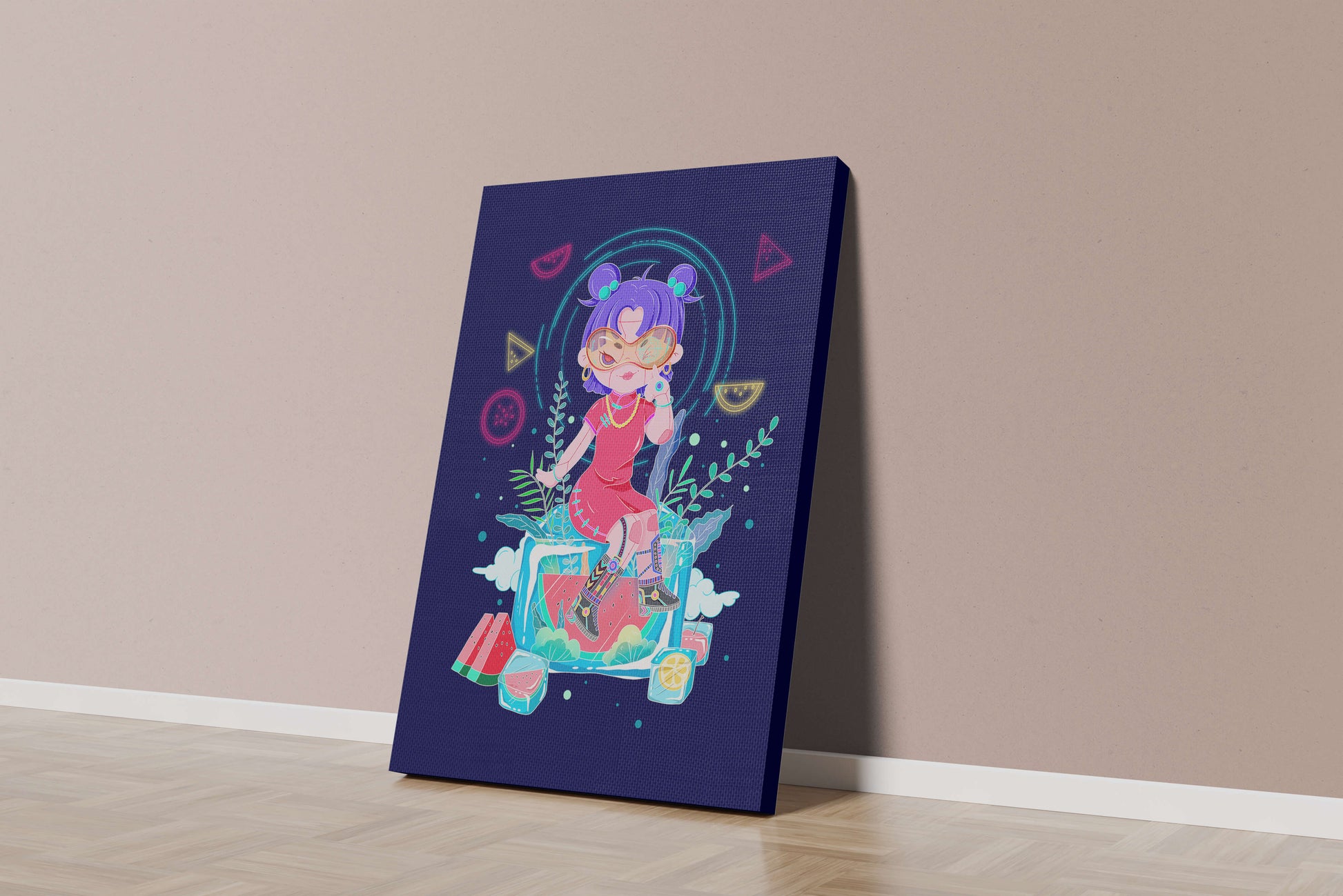 Personnage de dessin animé coloré avec des éléments futuristes