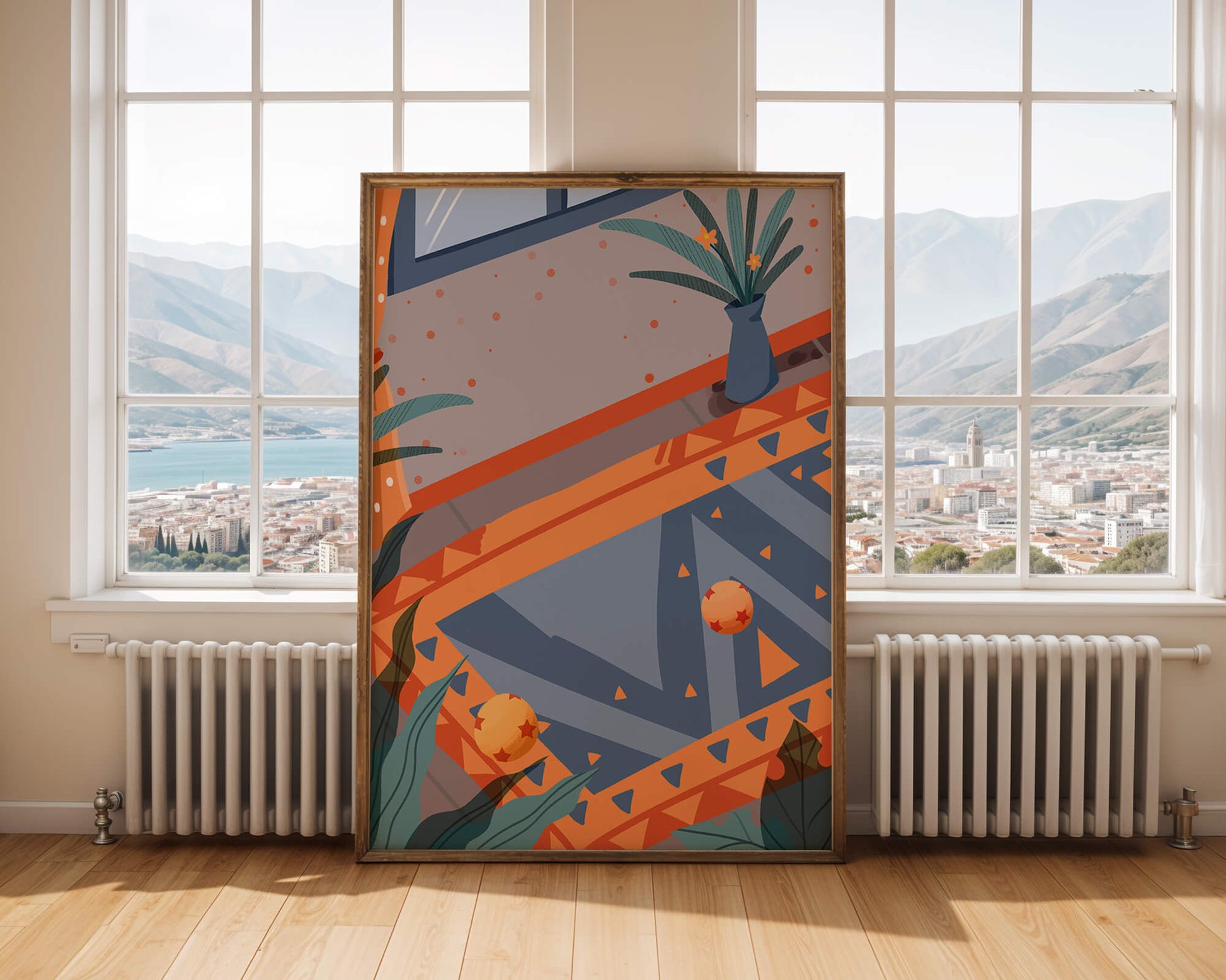 Interior abstracto moderno con patrones geométricos y planta