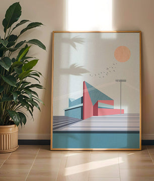 Ilustración arquitectónica moderna con diseño geométrico y atardecer