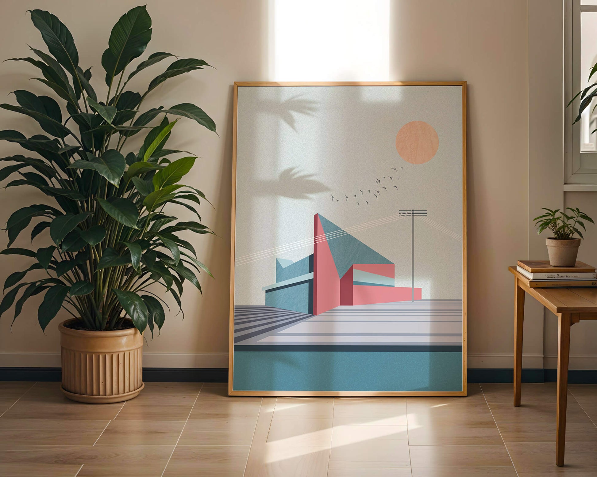 Ilustración arquitectónica moderna con diseño geométrico y atardecer