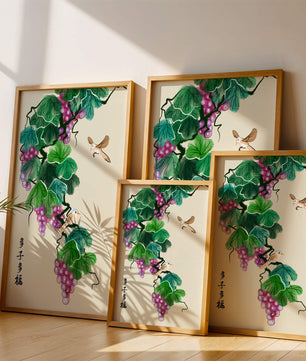 Watercolor grapevine and birds illustration with traditional art style