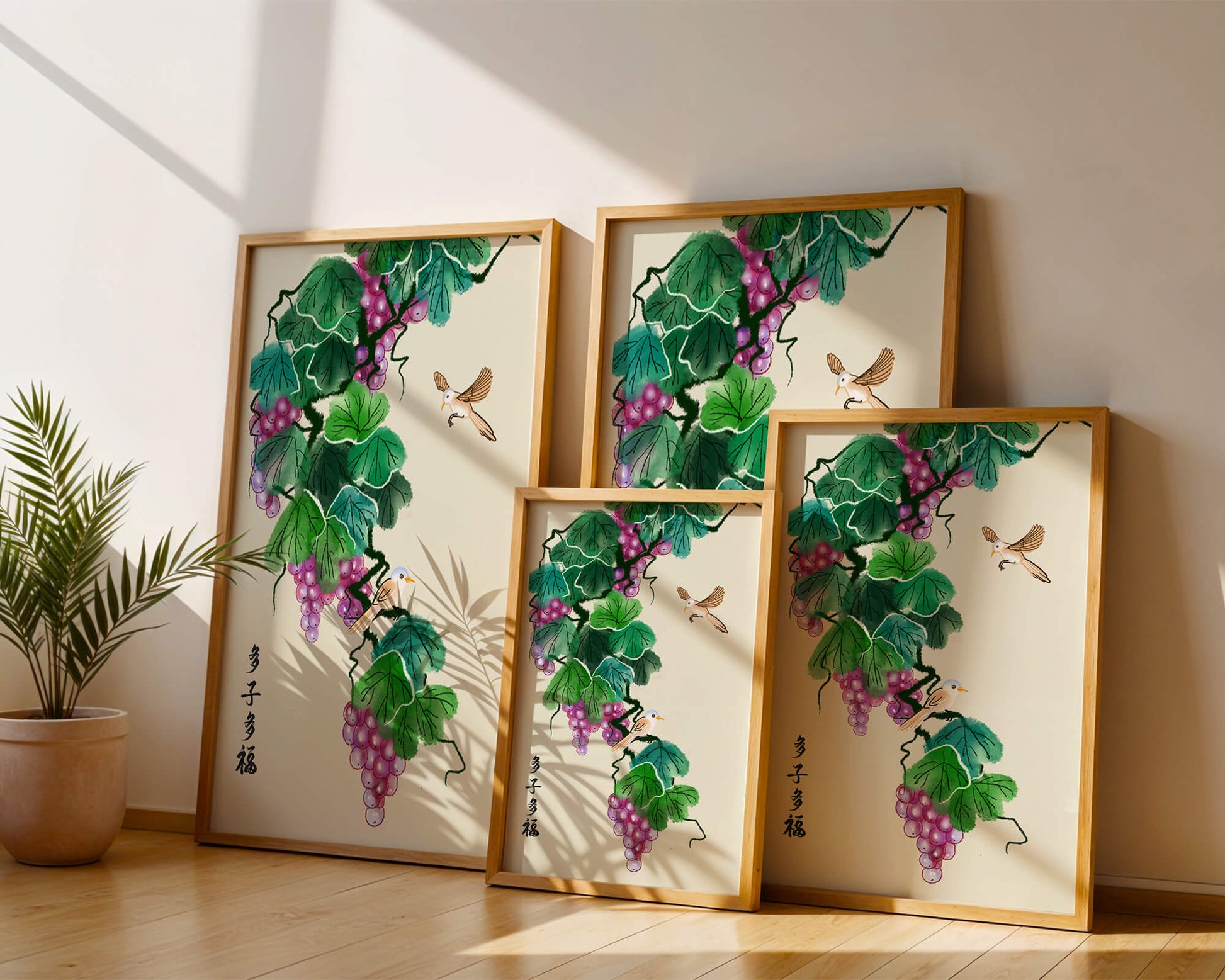 Watercolor grapevine and birds illustration with traditional art style