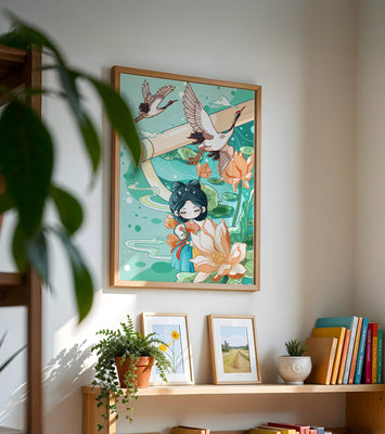 Serene Asian Art Illustration with Cranes and Lotus Flowers