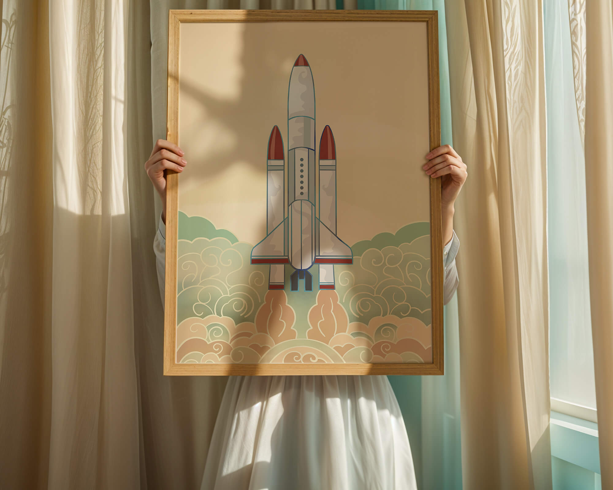 Colorful rocket launch from vintage-style clouds
