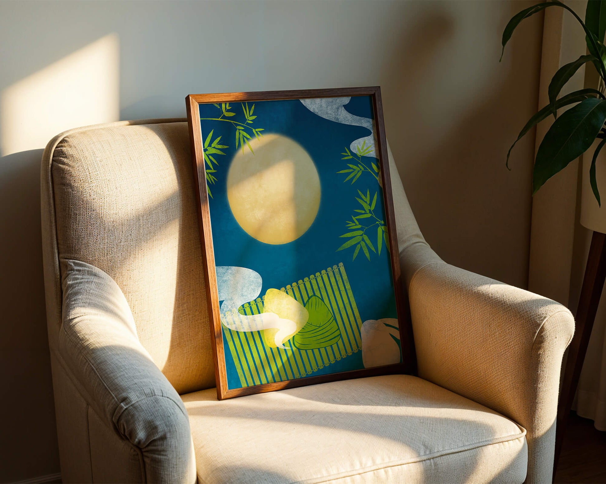 Moonlit night with bamboo and dumplings on a mat