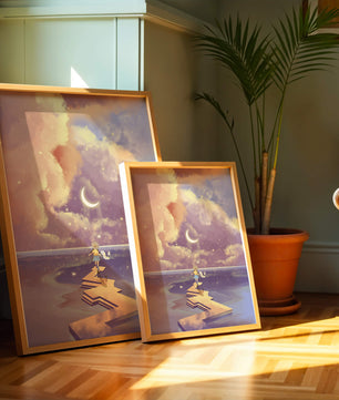Whimsical journey on a dreamlike path beneath colorful clouds