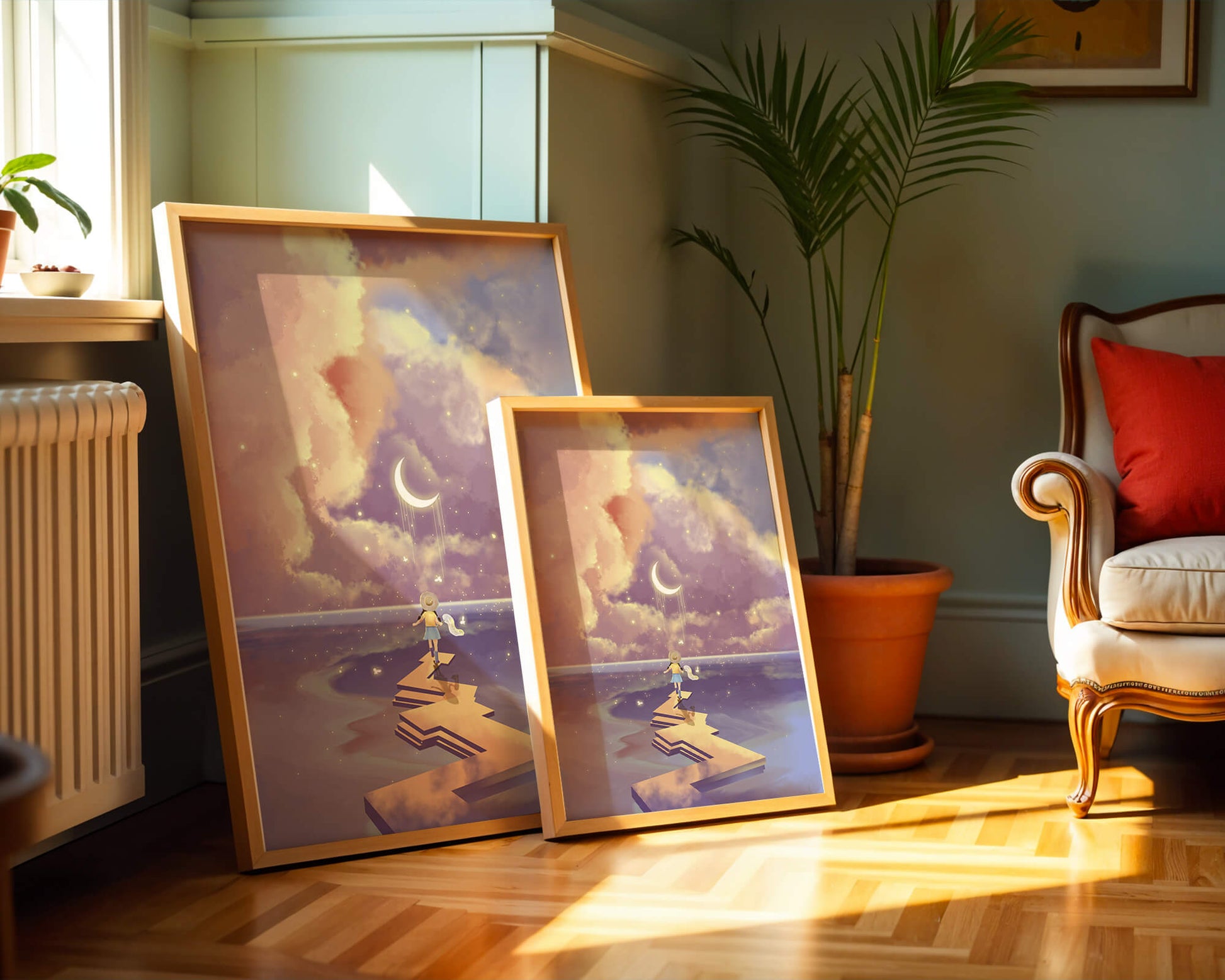 Whimsical journey on a dreamlike path beneath colorful clouds