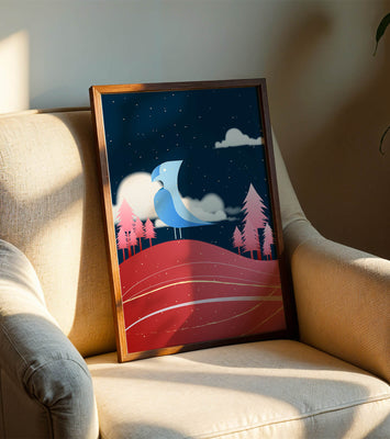 Colorful Night Scene with Blue Bird Under Starry Sky