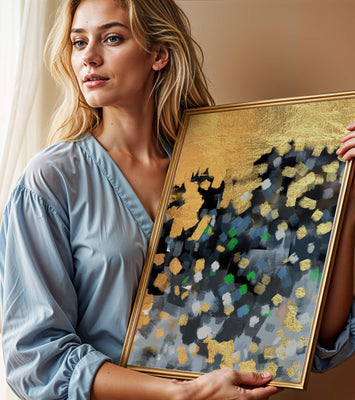 Abstract art with gold and colorful brushstrokes