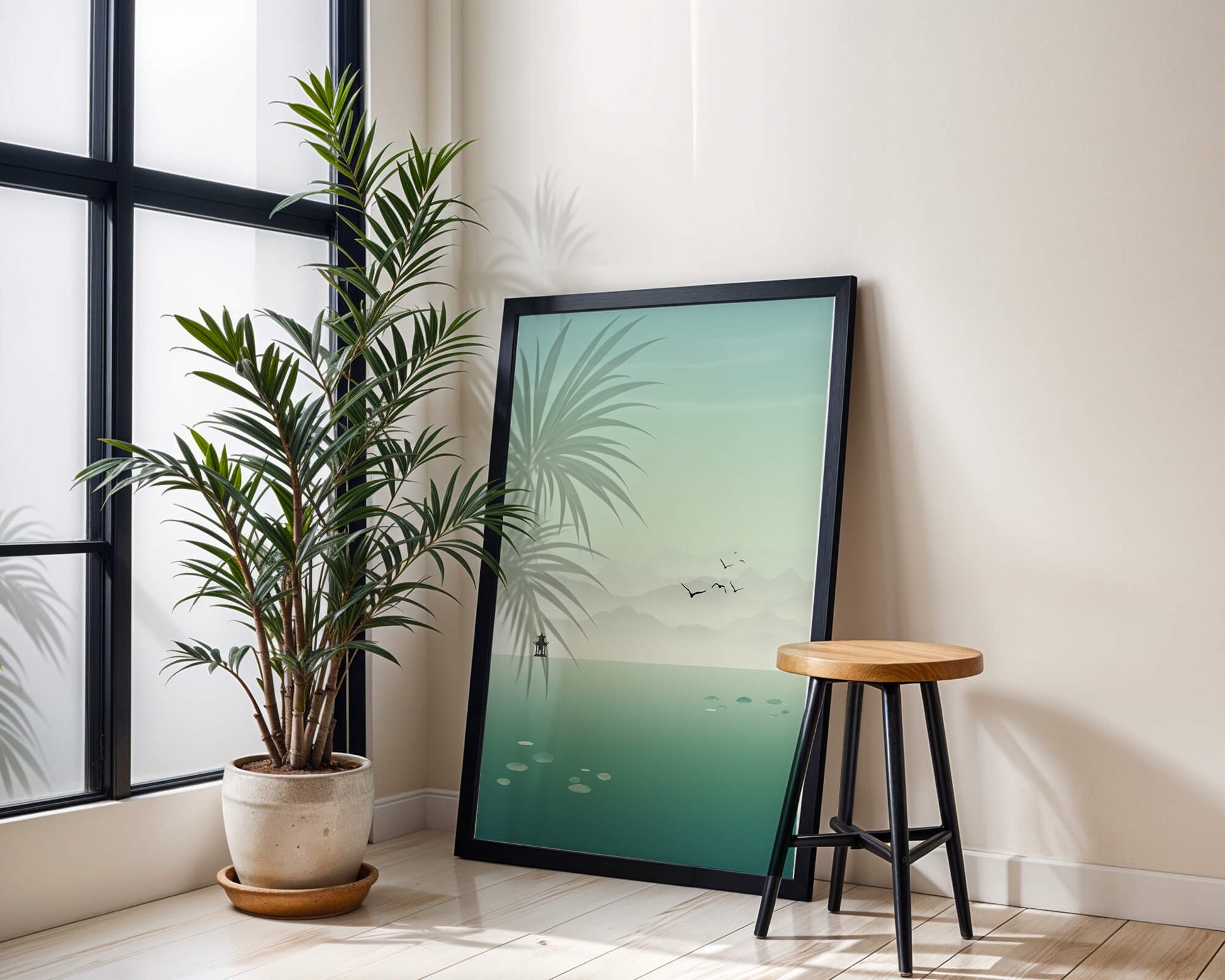 Serene landscape with pagoda and birds over a misty lake
