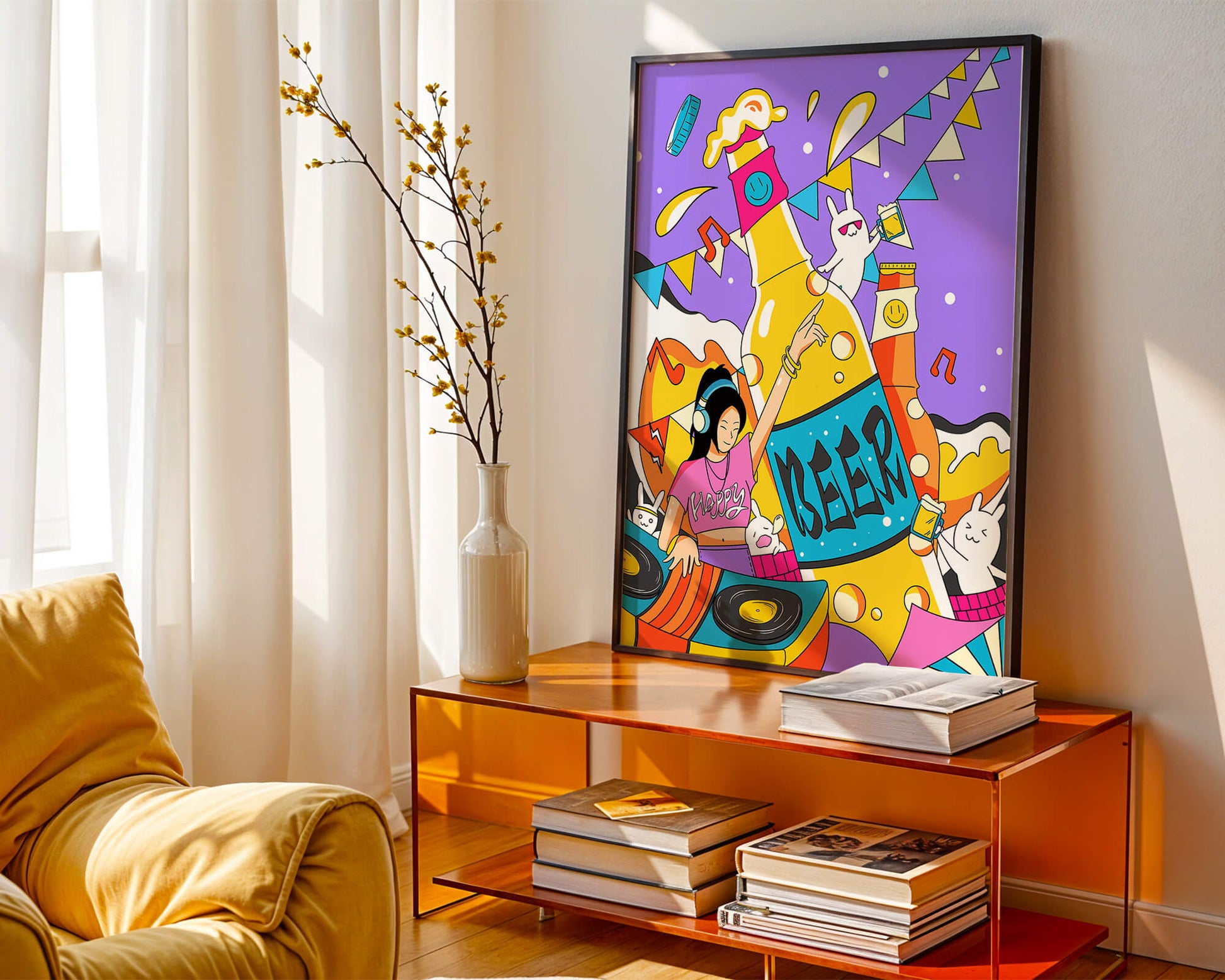 Vibrant Party Scene with DJ and Cartoon Characters