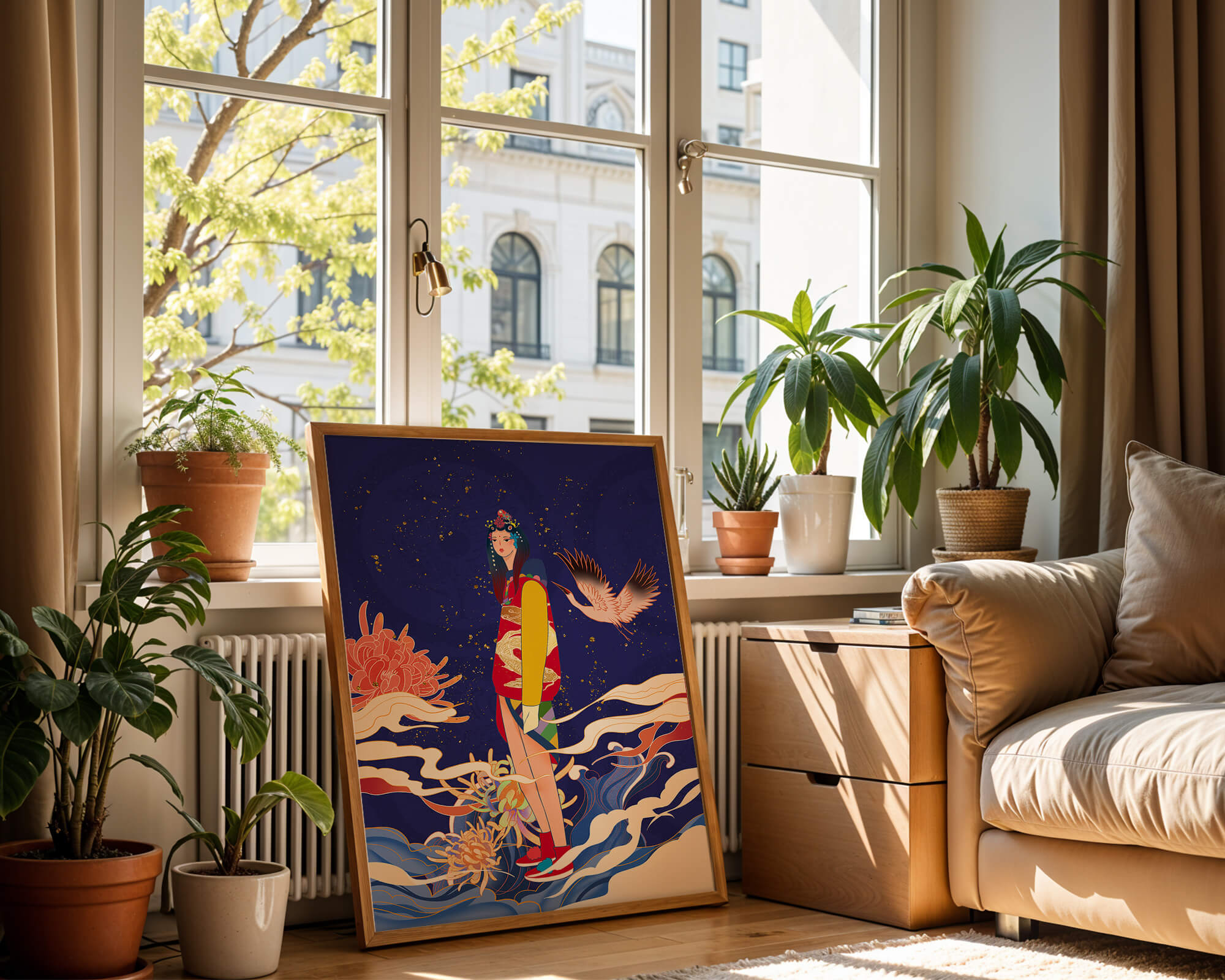 Elegant fusion of traditional and modern art with floral and avian elements