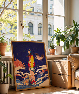 Fusion élégante d’art traditionnel et moderne avec des éléments floraux et aviaires