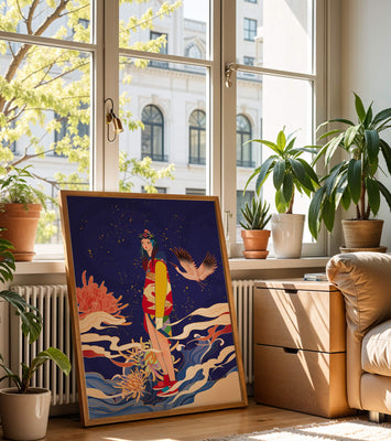 Elegant fusion of traditional and modern art with floral and avian elements